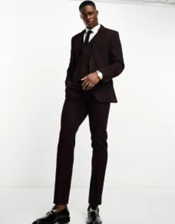 Suits & Tailoring*DESIGN Slim Wool Mix Suit In Herringbone In Burgundy