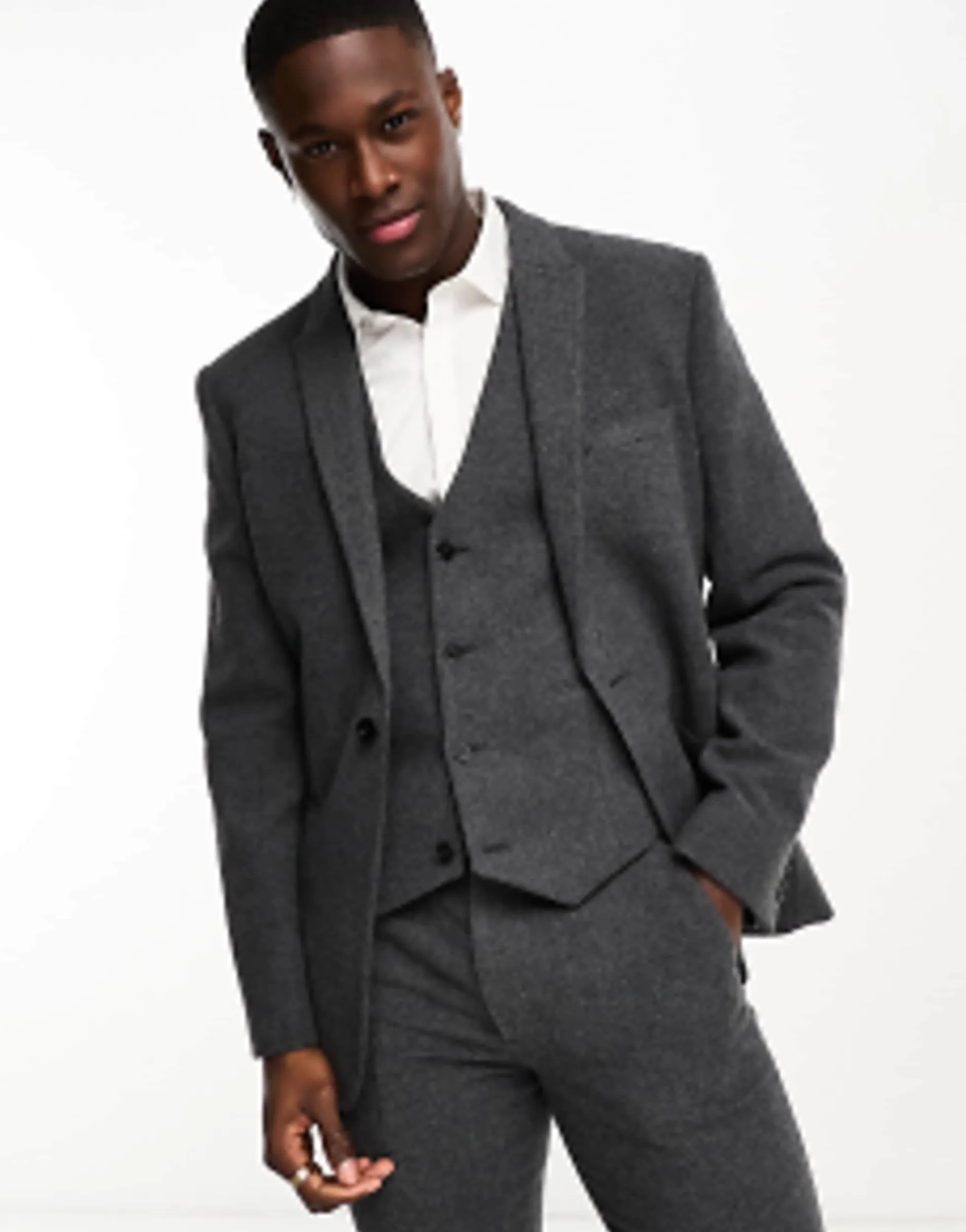 Suits & Tailoring*DESIGN Slim Wool Mix Suit In Herringbone In Charcoal