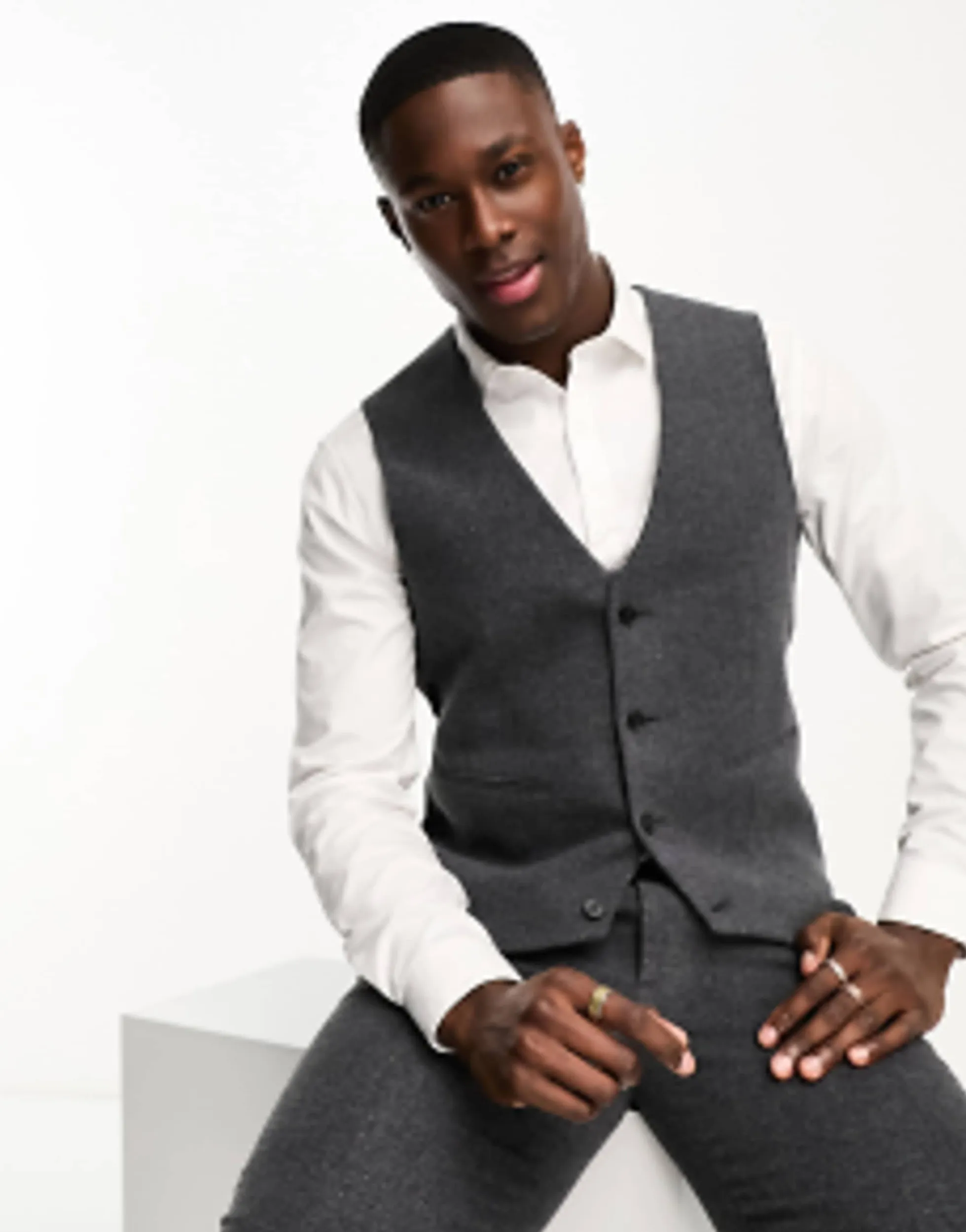 Suits & Tailoring*DESIGN Slim Wool Mix Suit In Herringbone In Charcoal