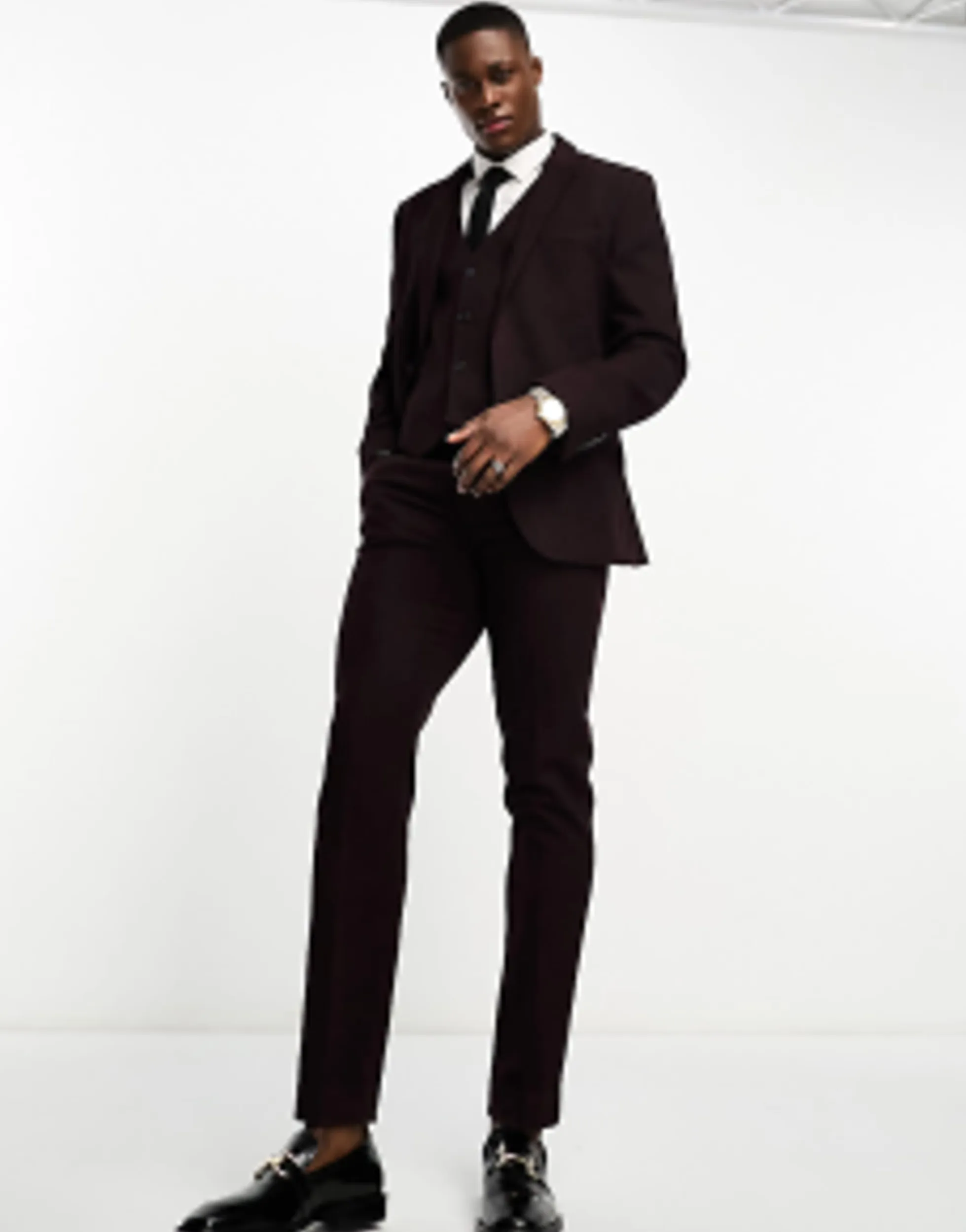 Suits & Tailoring*DESIGN Slim Wool Mix Suit In Herringbone In Burgundy