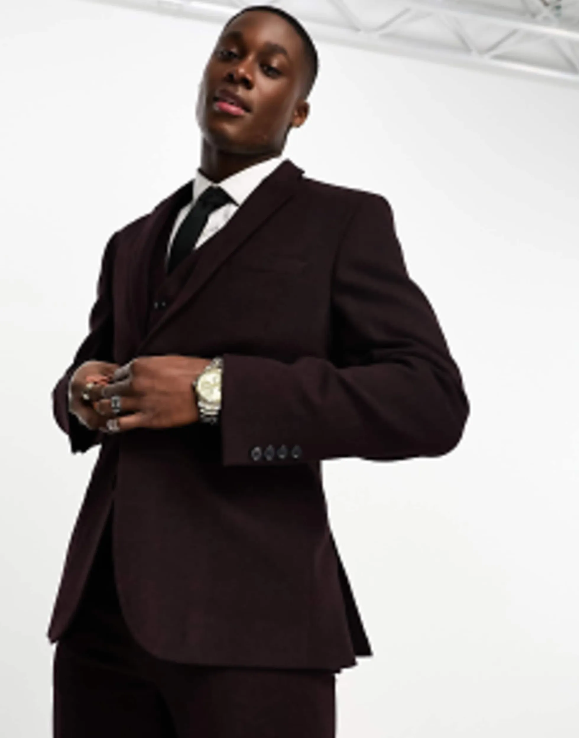 Suits & Tailoring*DESIGN Slim Wool Mix Suit In Herringbone In Burgundy