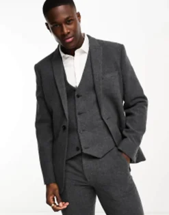 Suits & Tailoring*DESIGN Slim Wool Mix Suit In Herringbone In Charcoal