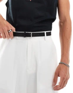 Belts*DESIGN Smart Faux Leather Skinny Belt With Silver Buckle In Black