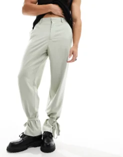 Trousers & Chinos*DESIGN Smart Wide Leg Trousers With Tie Cuffs In Sage Green