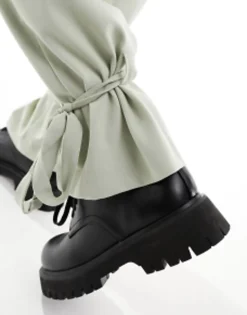 Trousers & Chinos*DESIGN Smart Wide Leg Trousers With Tie Cuffs In Sage Green
