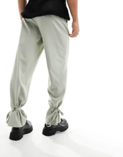 Trousers & Chinos*DESIGN Smart Wide Leg Trousers With Tie Cuffs In Sage Green