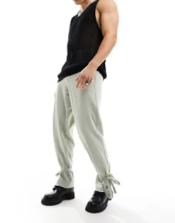 Trousers & Chinos*DESIGN Smart Wide Leg Trousers With Tie Cuffs In Sage Green