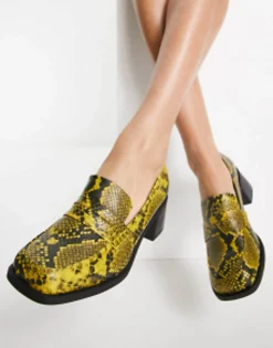 Loafers*DESIGN Stanford Smart Mid Heeled Loafers In Yellow Snake