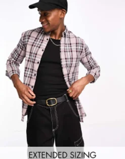 Tall*DESIGN Stretch Slim Check Shirt In Stone And Black Brown