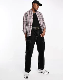 Tall*DESIGN Stretch Slim Check Shirt In Stone And Black Brown
