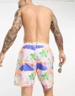 Swimwear*DESIGN Swim Shorts In Mid Length In Scenic Print Multi