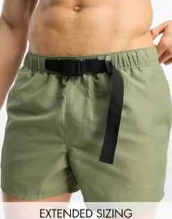 Swimwear*DESIGN Swim Shorts In Short Length With Belt In Khaki