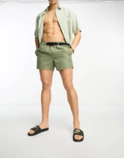 Swimwear*DESIGN Swim Shorts In Short Length With Belt In Khaki
