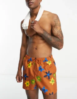 Swimwear*DESIGN Swim Shorts In Short Length In Floral Print In Brown Caramel Brown
