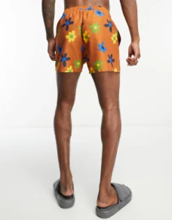 Swimwear*DESIGN Swim Shorts In Short Length In Floral Print In Brown Caramel Brown
