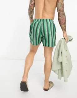 Swimwear*DESIGN Swim Shorts In Short Length In Green Stripe Multi