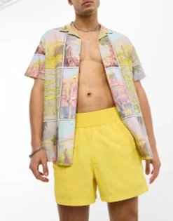 Swimwear*DESIGN Swim Shorts In Short Length With Thick Waistband In Yellow