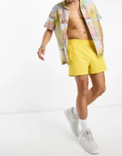Swimwear*DESIGN Swim Shorts In Short Length With Thick Waistband In Yellow