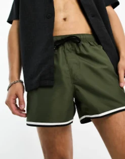 Swimwear*DESIGN Swim Shorts In Short Length With Cargo Pocket And Contrast Binding In Khaki