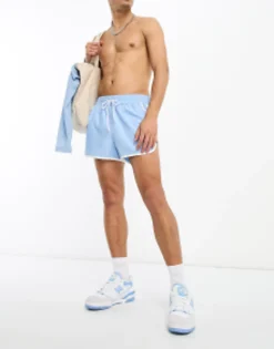 Swimwear*DESIGN Swim Shorts In Super Short Length With Contrast Side Panels In Blue