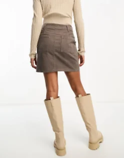 Tall*DESIGN Tall Cord Pocket A-Line Mini Skirt In Taupe