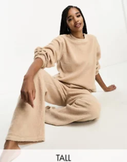 Tall*Tall Design Exclusive Lounge Borg Sweat & Wide Leg Trouser Set In Camel
