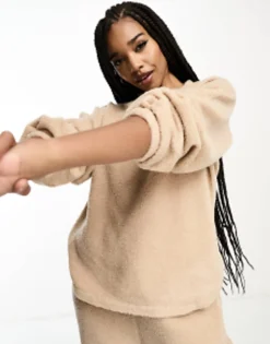 Tall*Tall Design Exclusive Lounge Borg Sweat & Wide Leg Trouser Set In Camel
