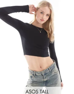 Tall*Tall Design Fitted Crop T-Shirt With Long Sleeve In Black