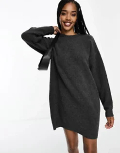 Tall*Tall Design Knitted Jumper Mini Dress With Crew Neck In Charcoal