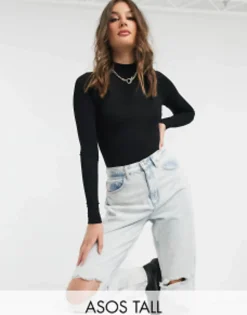 Tall*Tall Design Long Sleeve Bodysuit With Turtle Neck In Black