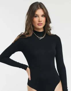Tall*Tall Design Long Sleeve Bodysuit With Turtle Neck In Black