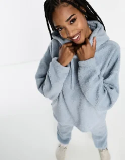 Tall*Tall Design Lounge Borg Hoodie & Jogger Set In Blue