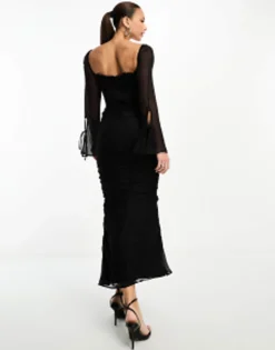 Tall*Tall Design Milkmaid Ruffle Corset Detail Midi Dress In Black