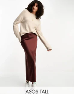 Tall*Tall Design Satin Bias Midi Skirt In Chocolate