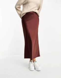 Tall*Tall Design Satin Bias Midi Skirt In Chocolate