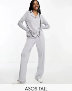 Tall*Tall Design Soft Jersey Long Sleeve Shirt & Trouser Pyjama Set With Contrast Piping In Grey Marl