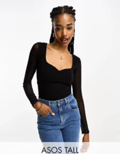 Tall*Tall Design Sweetheart Neckline Bodysuit With Mesh Sleeve In Black