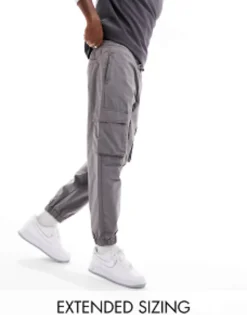 Trousers & Chinos*DESIGN Tapered Pull On Cargo Trouser In Washed With Elasticated Waist Charcoal