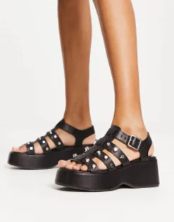 Flat Sandals*DESIGN Terra Studded Fisherman Flatform Sandals In Black
