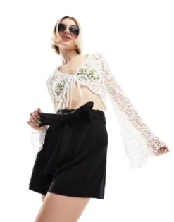 Shorts*DESIGN Tie Waist Short With Linen In Black