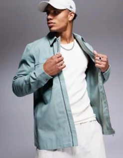 Tall*DESIGN Twill Zip Through Shacket In Sage Green