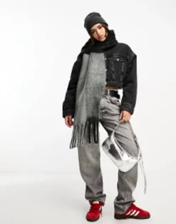 Scarves*DESIGN Two Tone Fluffy Tassel Scarf In Grey And Black Multi