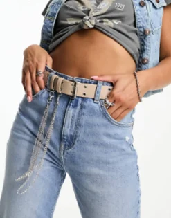 Belts*DESIGN Waist And Hip Eyelet Jeans Belt With Chain Detail In Stone