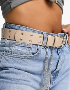 Belts*DESIGN Waist And Hip Eyelet Jeans Belt With Chain Detail In Stone