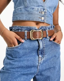 Belts*DESIGN Wavy Buckle Waist And Hip Jeans Belt In Tan
