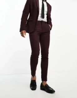 Suits & Tailoring*DESIGN Wedding Super Skinny Wool Mix Suit In Burgundy Puppytooth