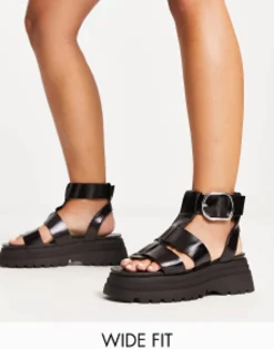 Flat Sandals*DESIGN Wide Fit Factor Buckle Hardware Fisherman Flat Sandals In Black