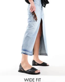 Flat Sandals*DESIGN Wide Fit Francis Leather Woven Flat Sandals In Black