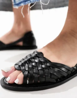 Flat Sandals*DESIGN Wide Fit Francis Leather Woven Flat Sandals In Black
