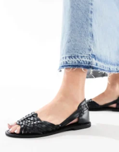 Flat Sandals*DESIGN Wide Fit Francis Leather Woven Flat Sandals In Black